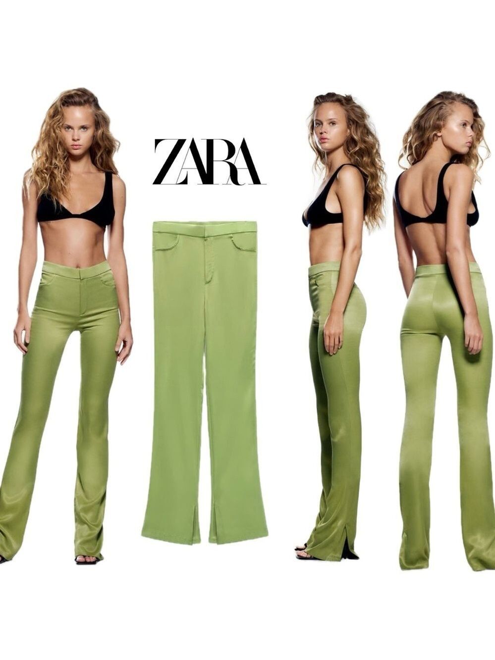 Zara green satin effect flare pants Sz S NWOT
